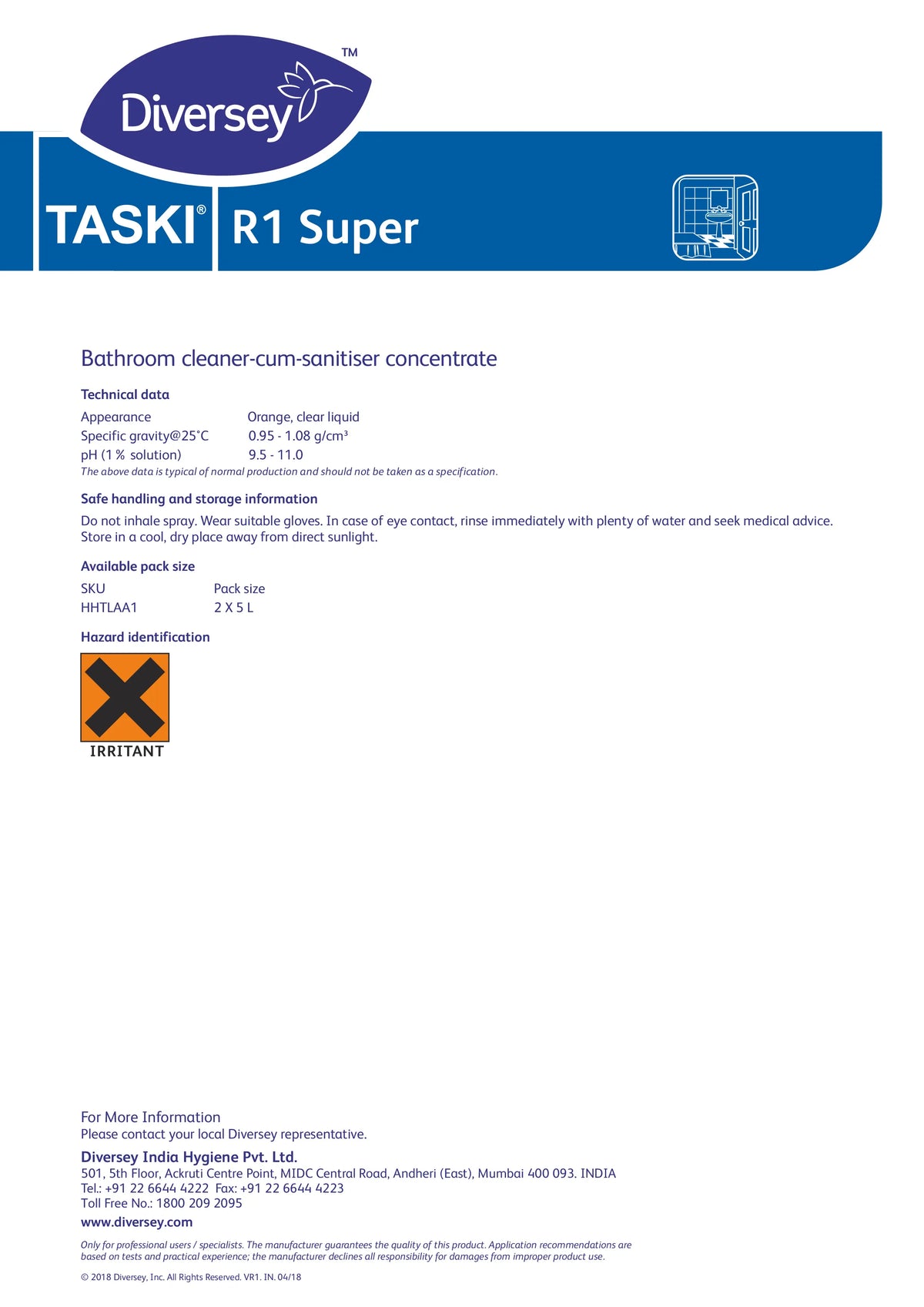 Taski R1 Super – Washroom Cleaner cum Sanitizer (5L)
