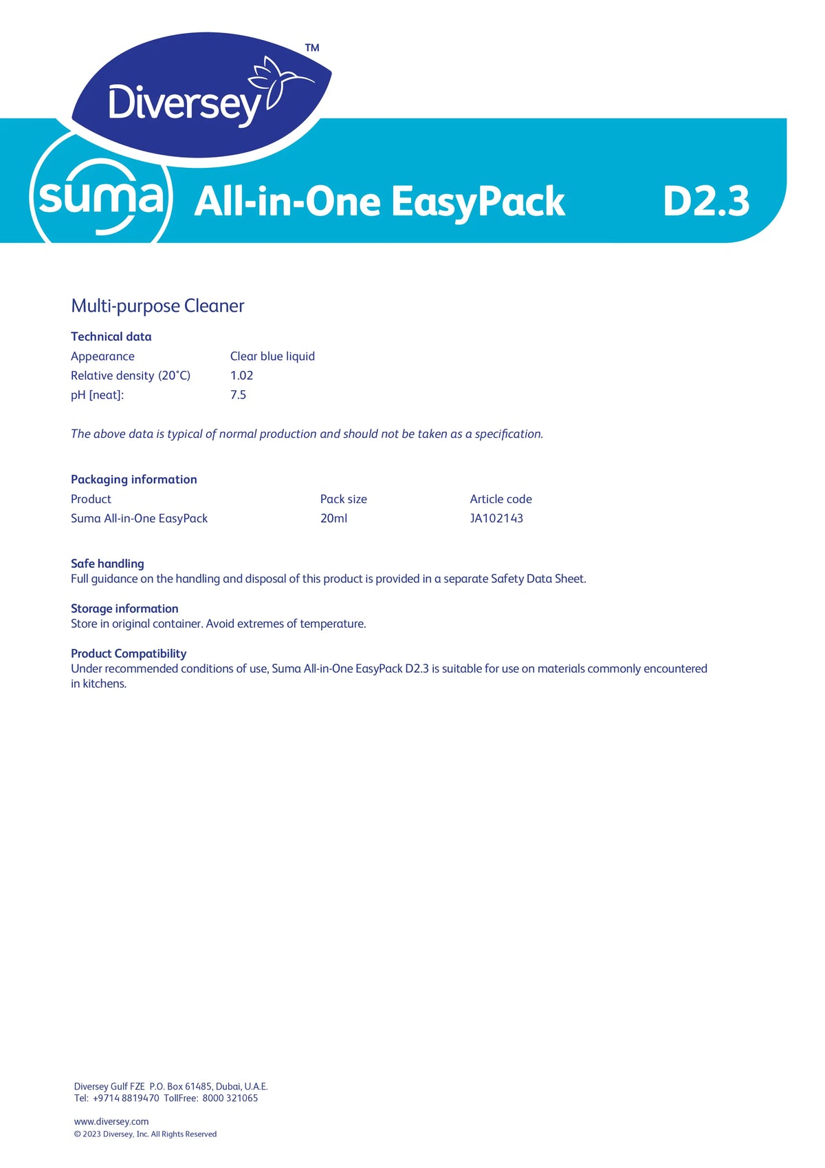 Suma All in One D2.3 – All Purpose Cleaner Sachets (200 x 20ml)
