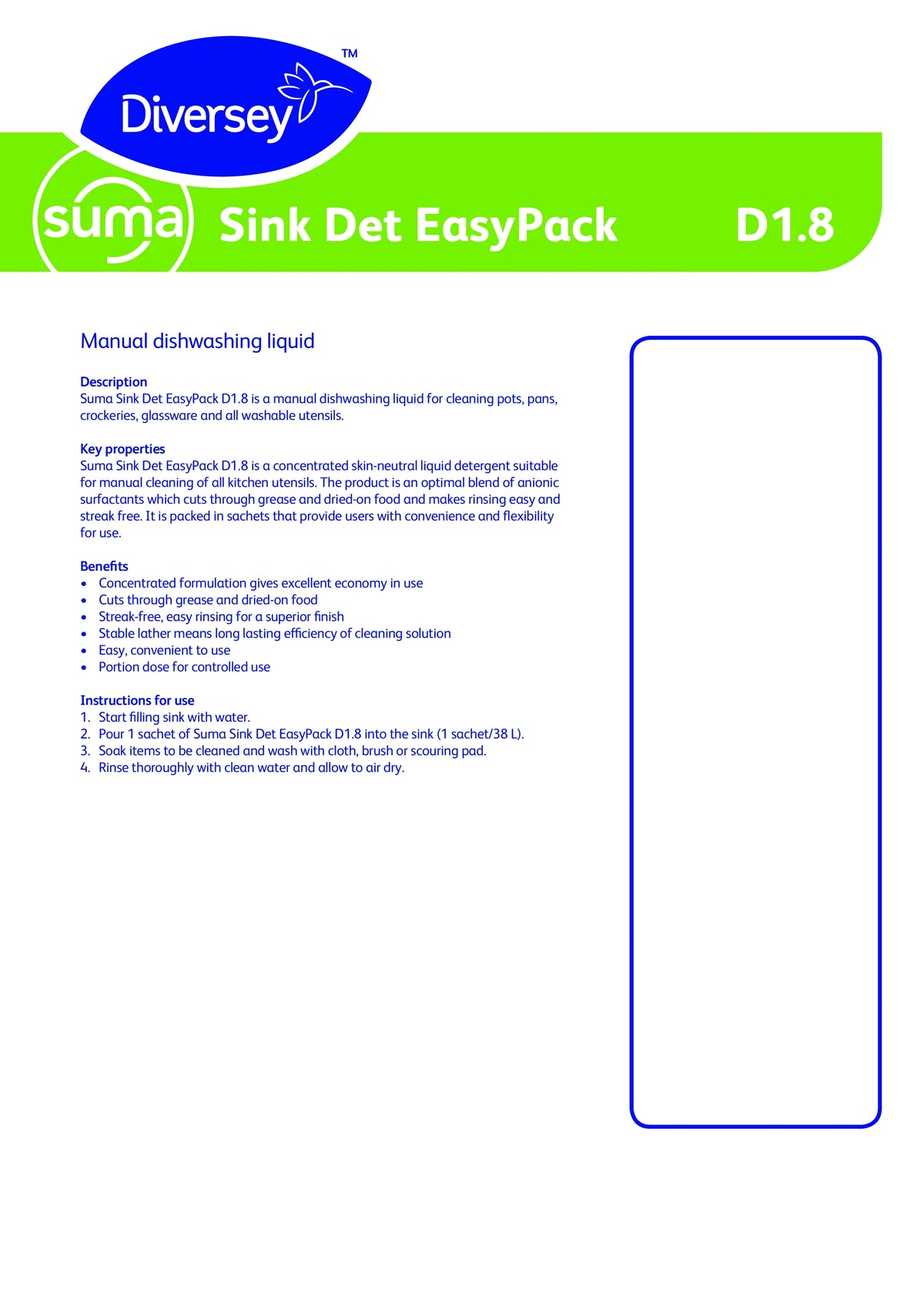 Suma Sink Det D1.8 – Sink Detergent Sachets (200 x 25ml)