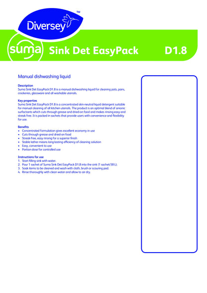 Suma Sink Det D1.8 – Sink Detergent Sachets (200 x 25ml)