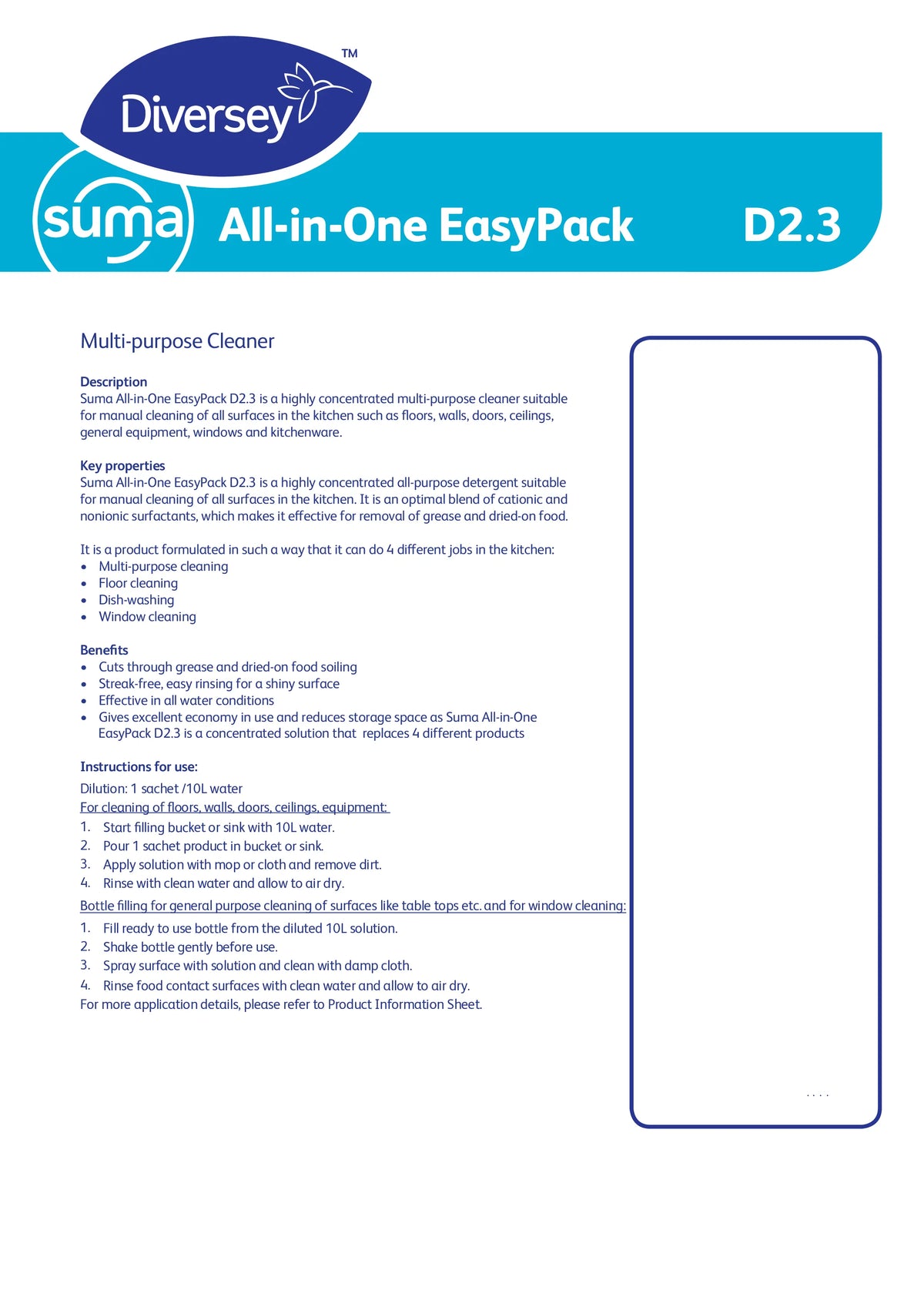 Suma All in One D2.3 – All Purpose Cleaner Sachets (200 x 20ml)